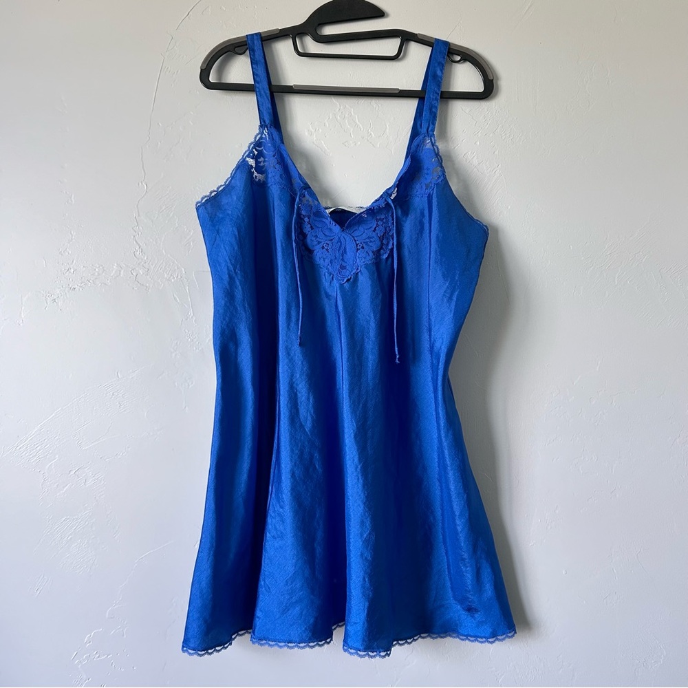 Vintage Val Mode Lingerie Blue Satin Floral Lace Slip Tank Dress Whimsy Fairy